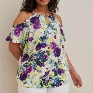 Torrid Floral Cold Shoulder Blouse Keyhole Top Sz 4 Plus Summer Cottagecore Boho